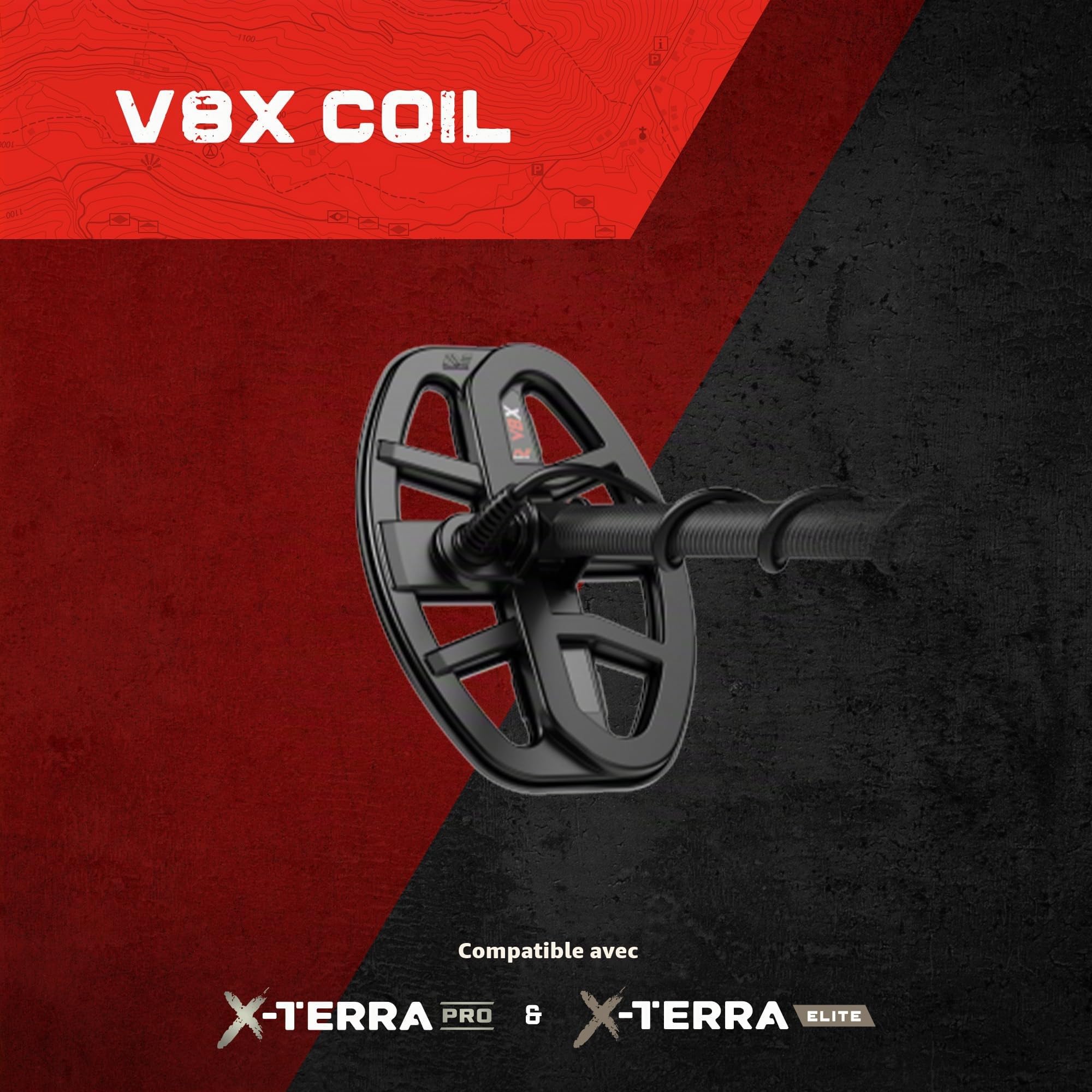 MINELAB V8X Double-D avec SKIDPLATE. Détecteur de métaux étanche jusqu'à 5 m 1P68 pour X-Terra Pro. Hobbyistes et Professionnels.
