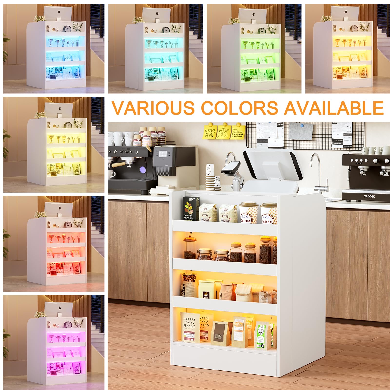 Empfangstheke mit LED,Verkaufstheke mit Abschließbare Schubladen und 4 Ausstellungsregal,Rezeptionstheken mit Arbeitsfläche,Rezeptionstheke für Büro,Salon,Geschäft oder Café,Weiß,60 x 60 x 95cm