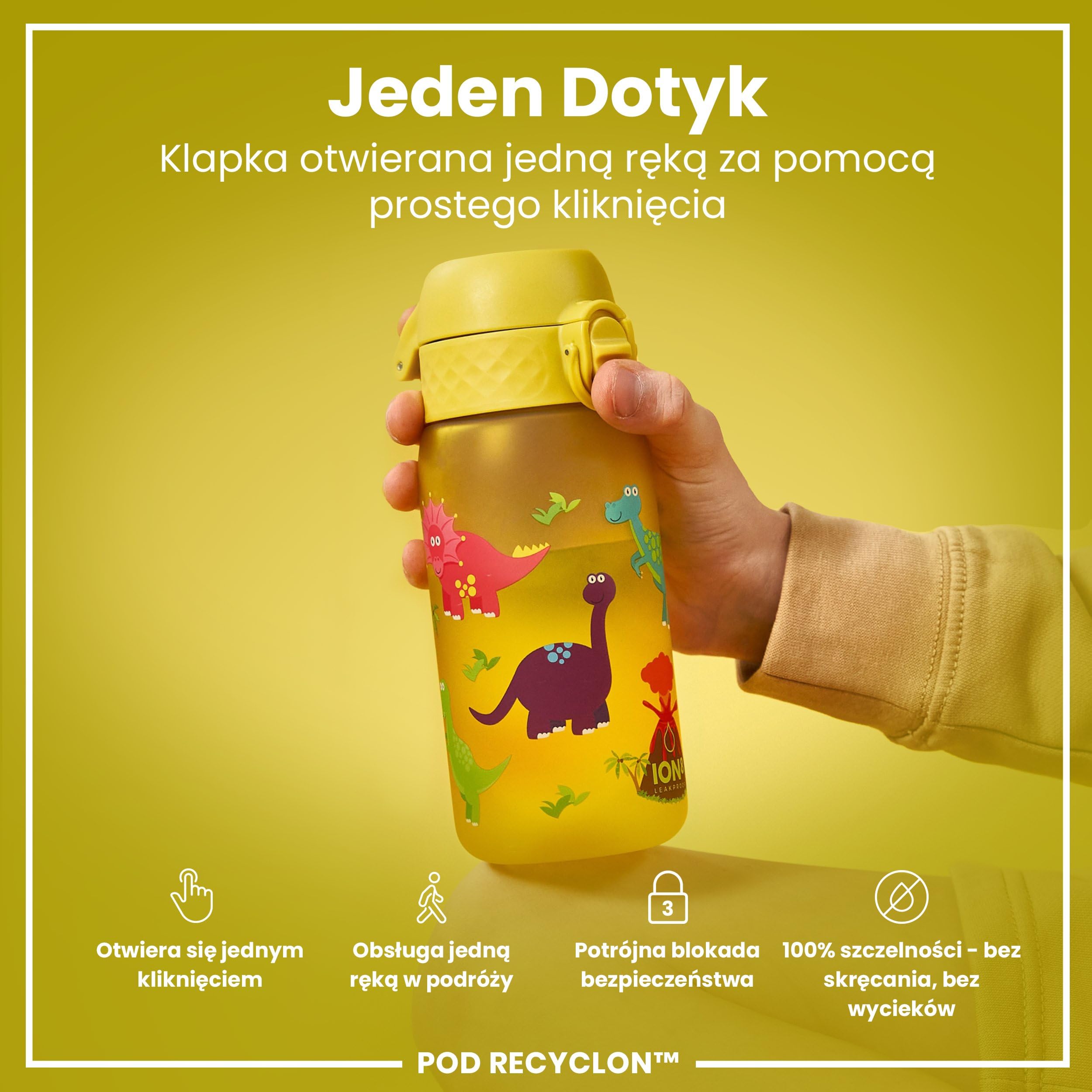 ION8 Butelka dla Dzieci, 350 ml/12 oz, Szczelna, Łatwa do Otwarcia, Bezpieczny Zamek, Można Myć w Zmywarce, Bez BPA, Uchwyt do Przenoszenia, Łatwa do Czyszczenia, Bezwonny, Dinozaury