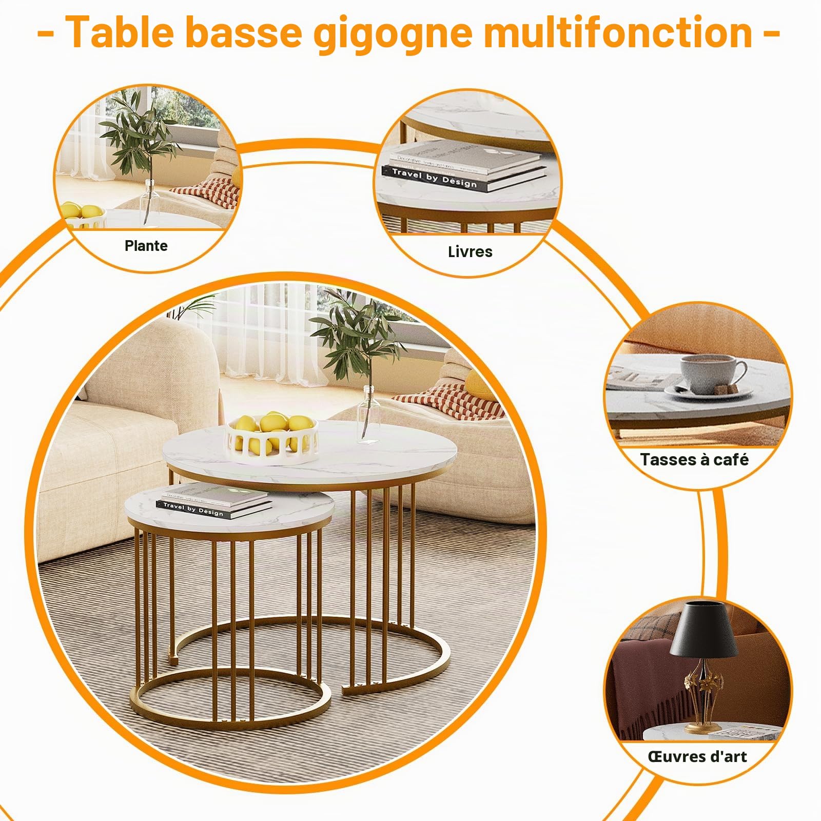 Lot de 2 tables basses rondes - Table d'appoint en bois - Table d'appoint pour salon, chambre à coucher, bureau, balcon - Structure en métal doré et plateau de table en marbre blanc