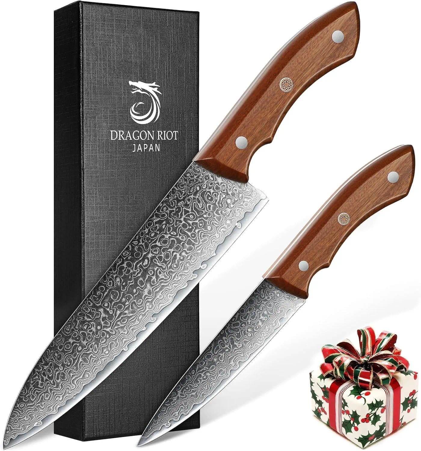 DRAGON RIOT Set de 2 Cuchillos de Cocina Japoneses | DRAGON RIOT Juego de 2 Cuchillos de Chef Damasco 67 Capas, Con Cuchillo para Verduras, Con Mango Ergonómico