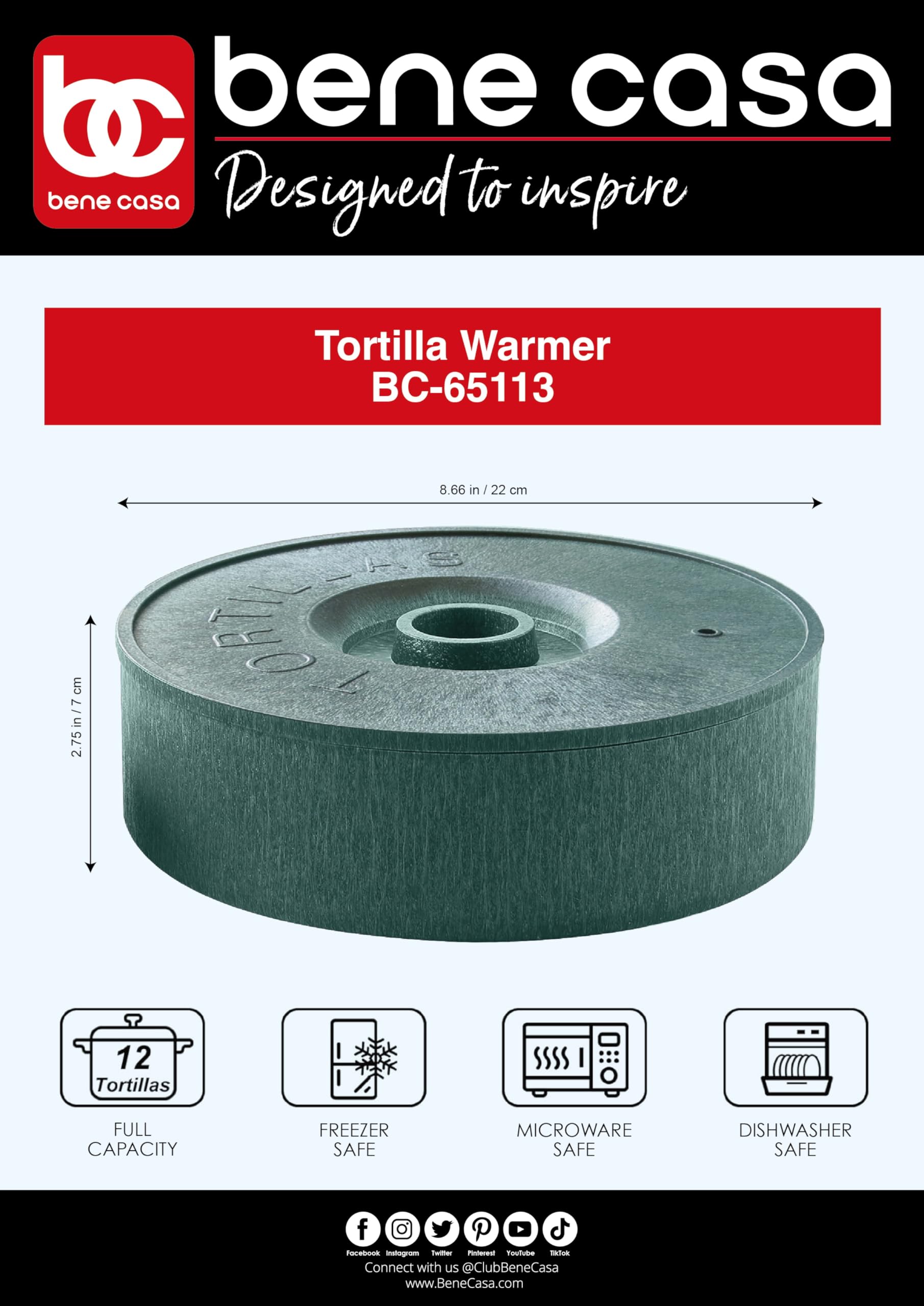 Bene Casa Grüner Tortilla-Wärmer mit 12 Tortilla-Kapazität, sicher, BPA-frei, Tortilla-Wärmer | mikrowellengeeigneter Tortilla-Halter | Aufbewahrungsbehälter – Fladenbrot, mexikanische Taco-Tortillas
