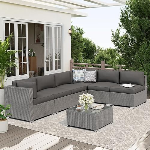 Oakcloud 7-Piece Outdoor Patio Furniture Sofa Set Grey Rattan Wicker Sectional Conversation Sets with Glass Top Table and Cushions(Grey)