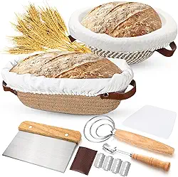 Honeydak Kit para iniciantes de fermento de pão Sourdough com cestas redondas de 23 cm e ovais de 25,4 cm à prova de pão com forros de linho, lame, batedor de massa, raspador, capas de algodão