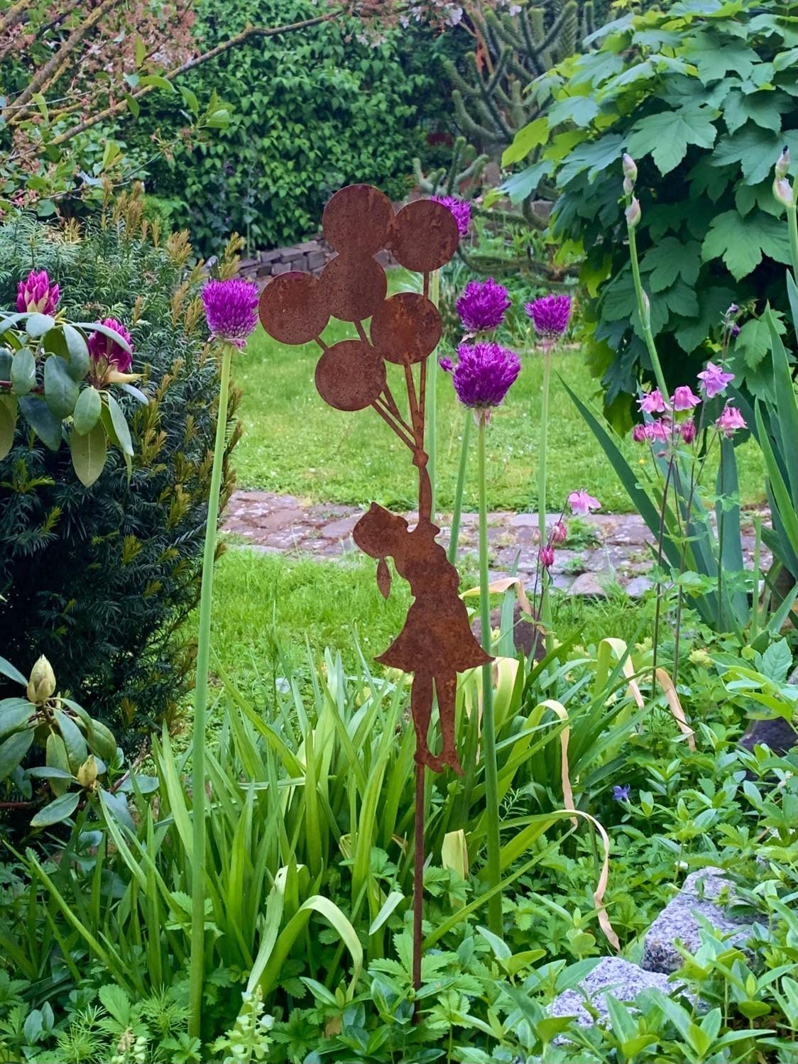 Bornhöft 2er Set Gartenstecker Rost Deko Mädchen für den Garten Luftballons Metall Gartendeko Stecker Edelrost Rostdeko rostiger Beetstecker Topfstecker 110cm + 75cm Garten