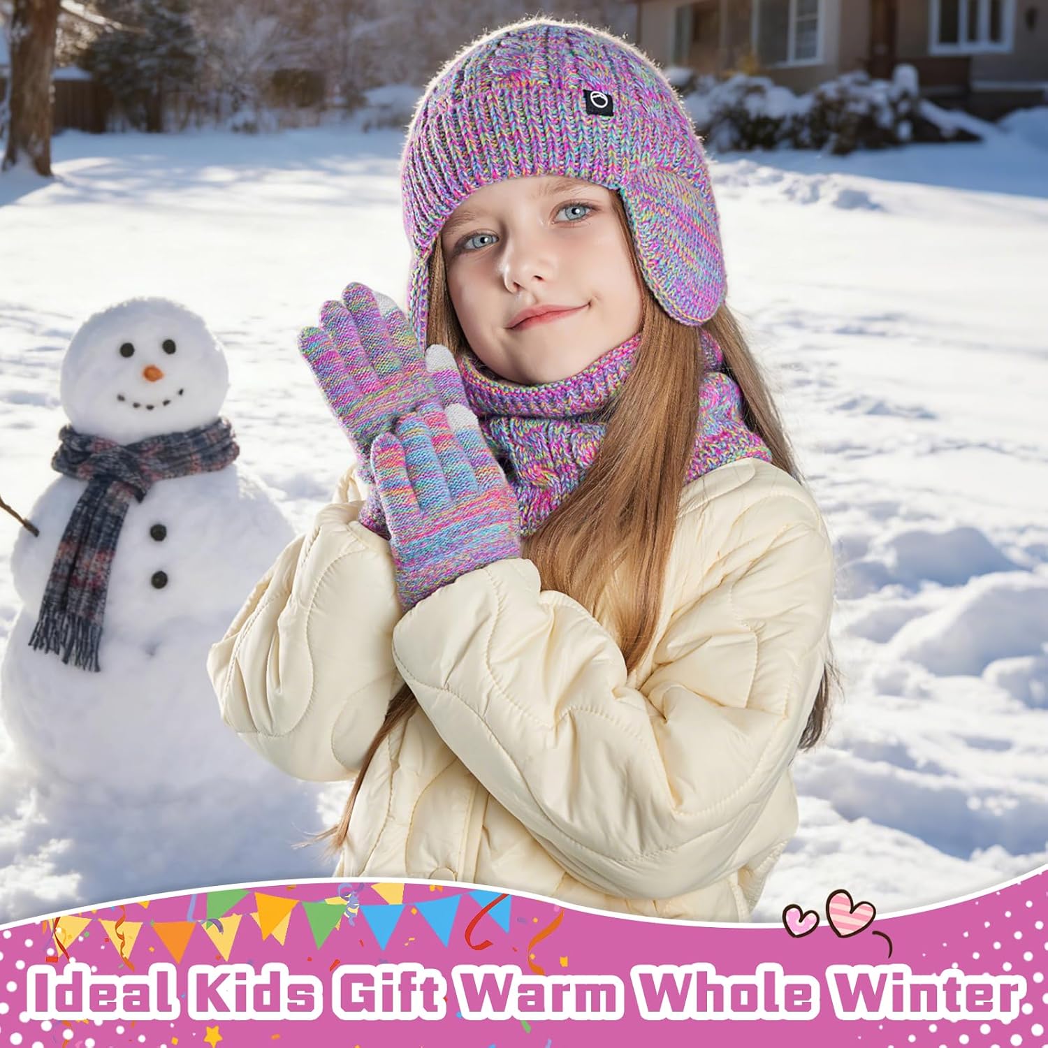 ZOORON Kids Winter Hat Gloves Scarf Set,Girls Boys Toddler Beanie with Earflaps Neck Warmer Gaiter Mittens Fleece Lined Set - Image 6