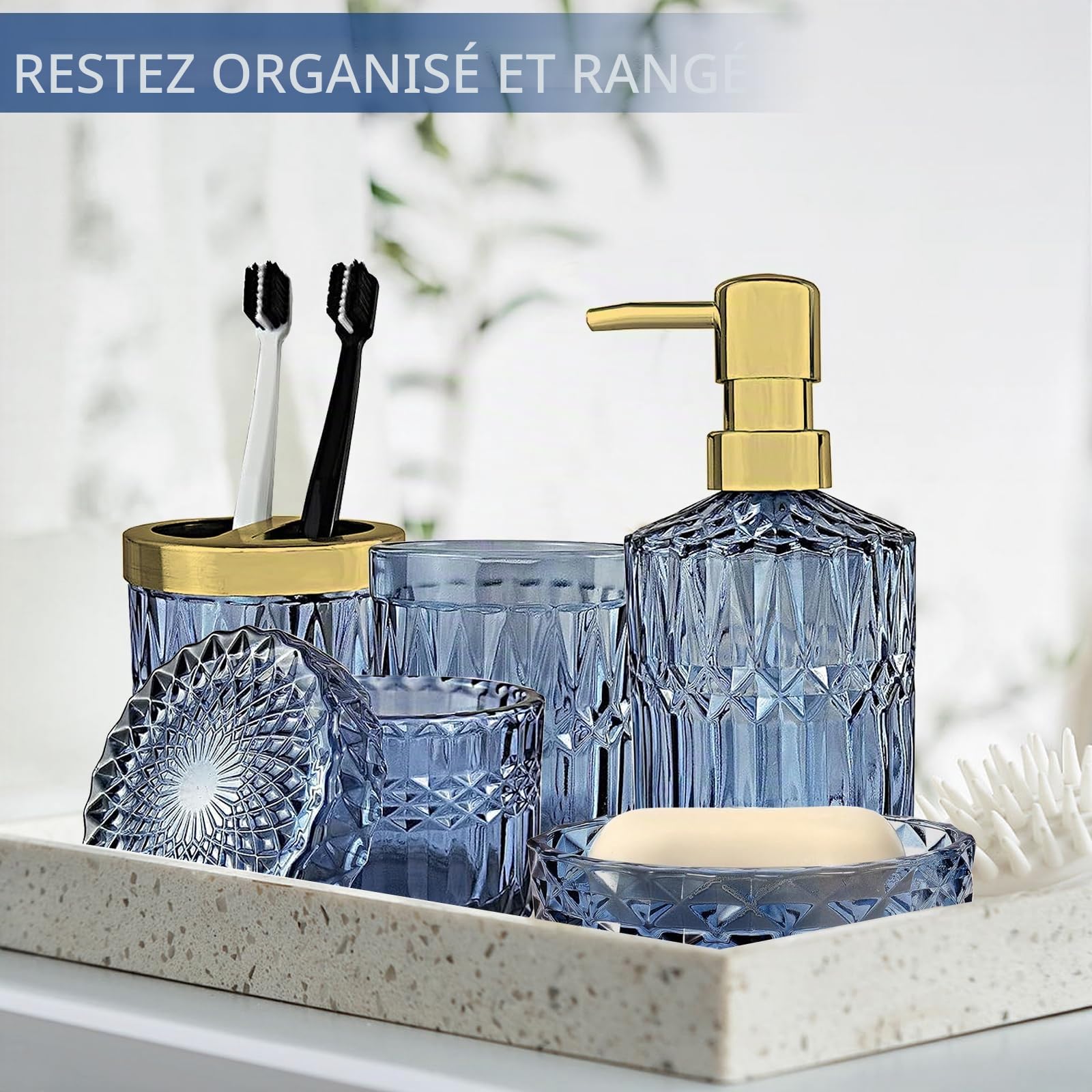 Lot de 5 Accessoires Salle de Bain en Verre - Decoration Salle de Bain avec Distributeur Savon, Porte Brosse à Dents,Tasse en Verre, Pot à Cotons-tiges et Porte-Savon, Gobelet, Cadeau de Luxe, Bleu