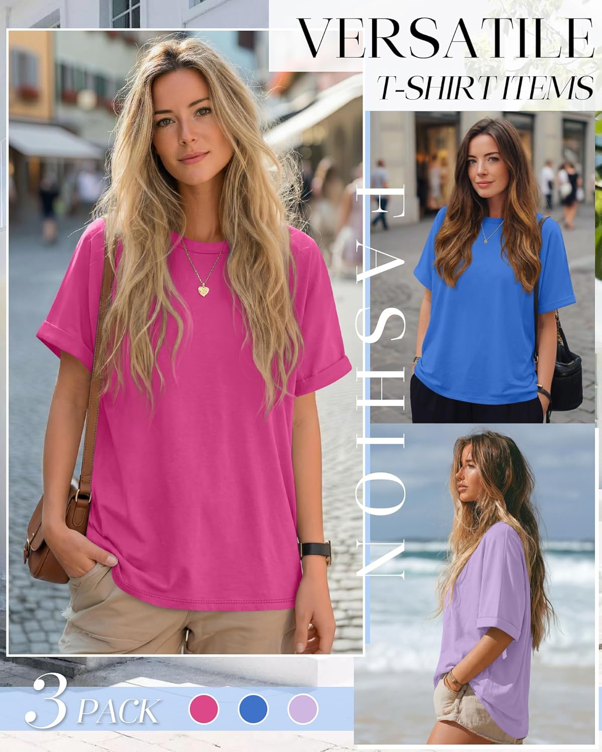 Riyiper 3 Pack Women's Oversized T-Shirt Half Sleeve Summer Tees Casual Loose Fit Crew Neck Basic Tops - Image 5