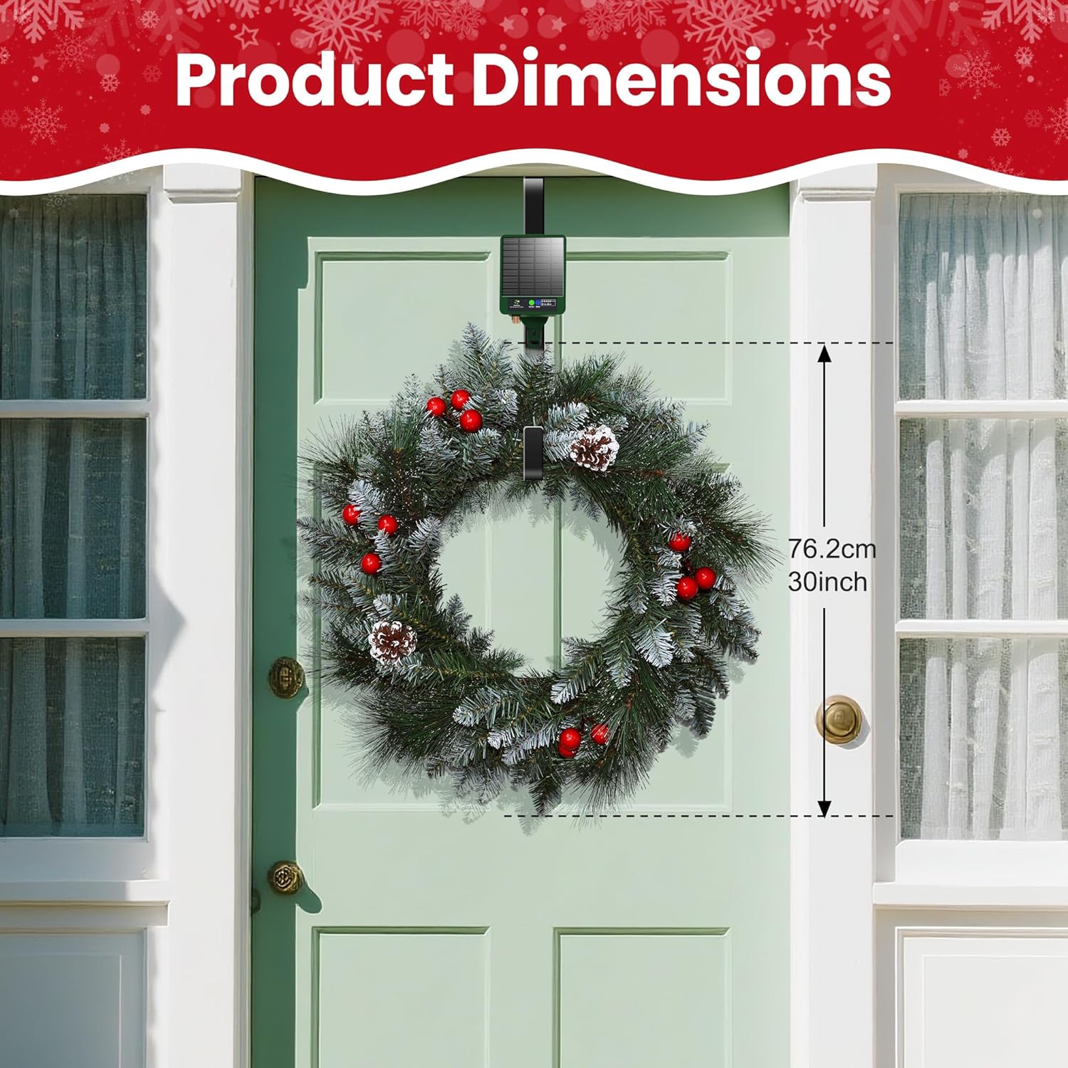 Solar Wreath with 100 LEDs, 30 inch Outdoor Christmas Wreath with 8 Lighting Modes, Available with Suction Cup Hooks or Compatible with Wreath Hanger