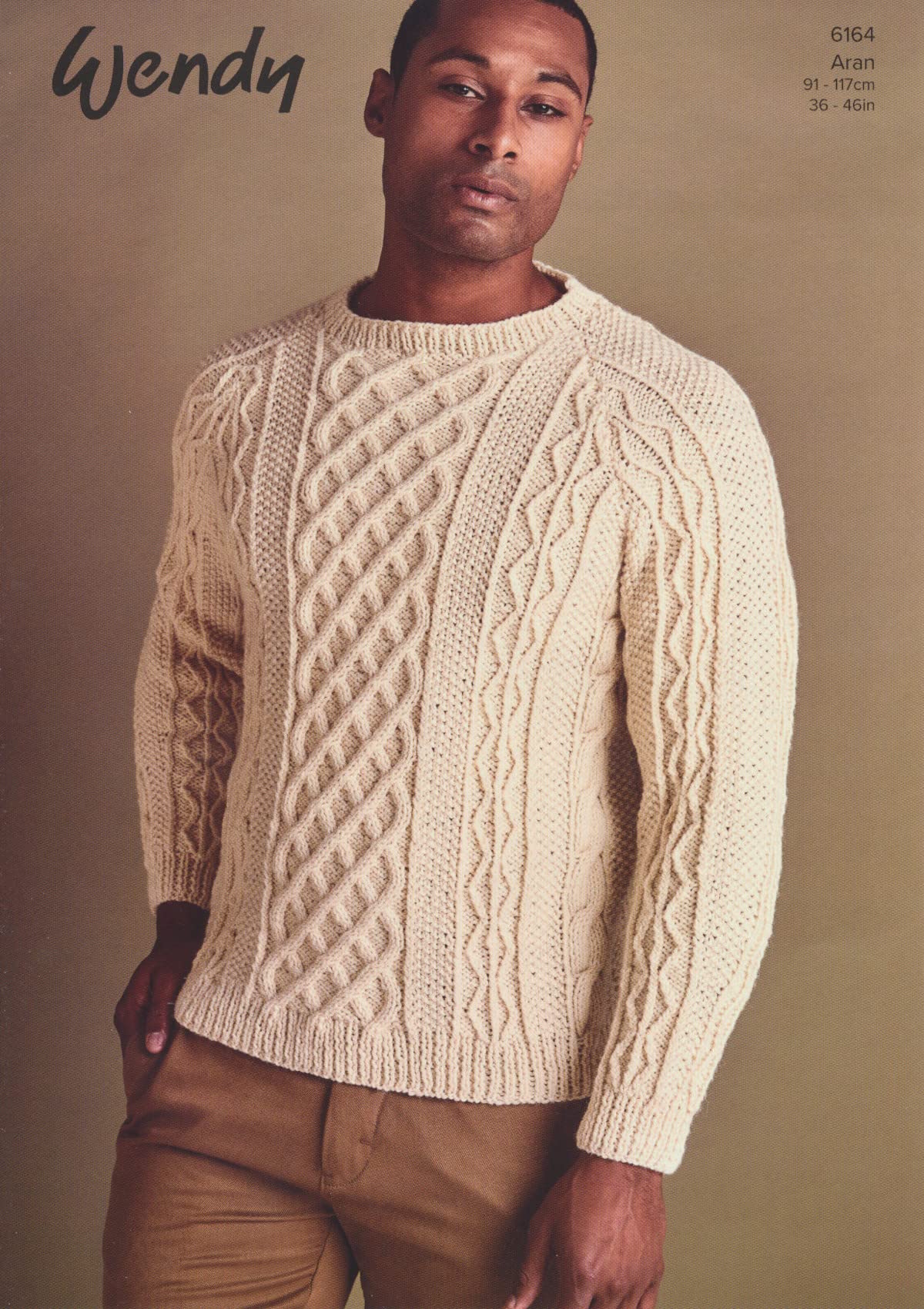 Wendy Men's Beige Aran Knitting Pattern For Cable Knit Jumper Sweater (6164)