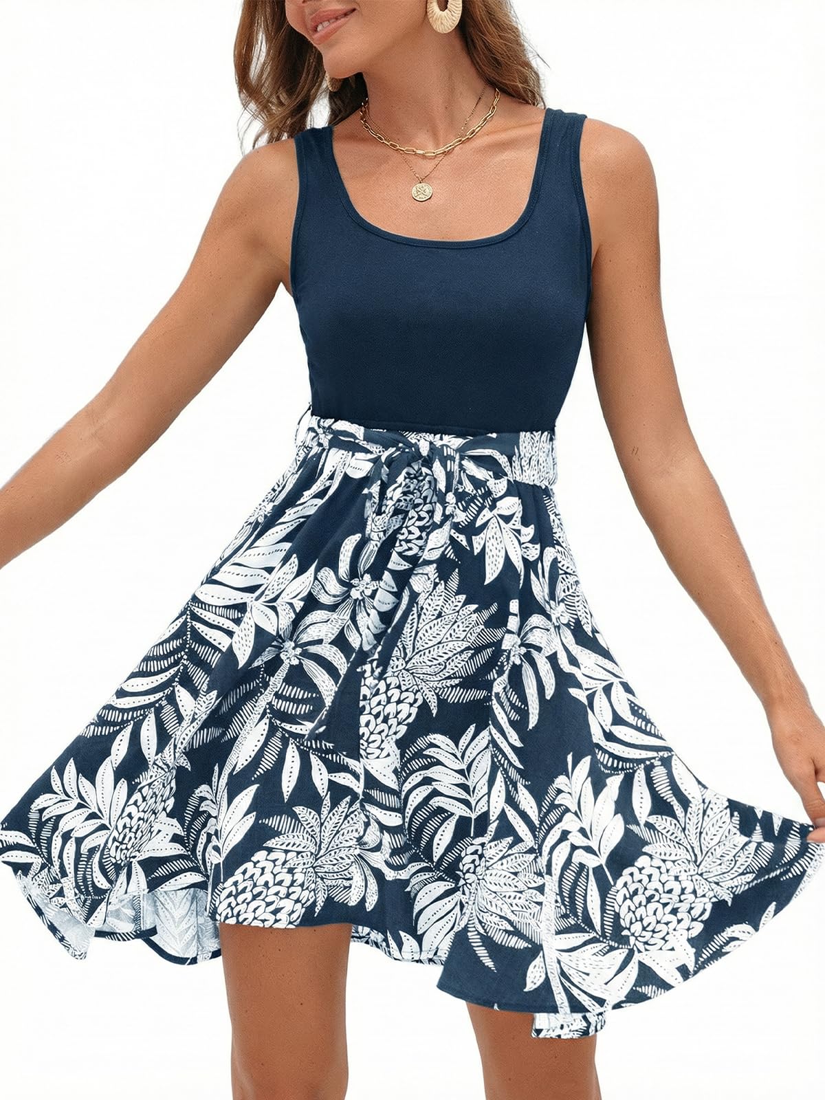 Women's Tropical Floral Print Square Neck Sleeveless Mini Sundress