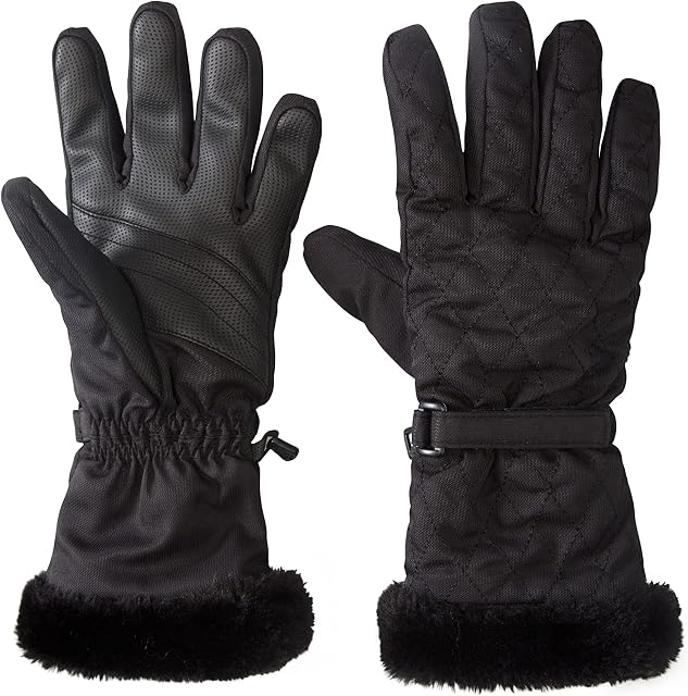 Mountain Warehouse Quilted Womens Ski Gloves - Water-Resistant Fabric, Faux-Fur - Ideal For Winter Sports, Skiing, Snowboarding