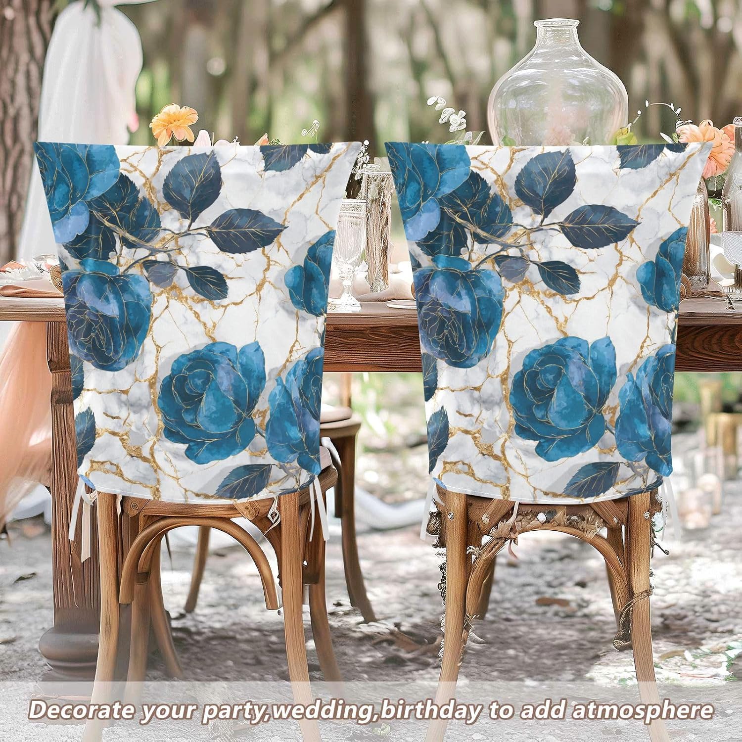 ALAZA Blue Roses Flowers Marble Chair Back Cover Set of 6, Washable Reusable Removable Chair Slipcovers Decorative Chair Cover for Home Kitchen Wedding Party