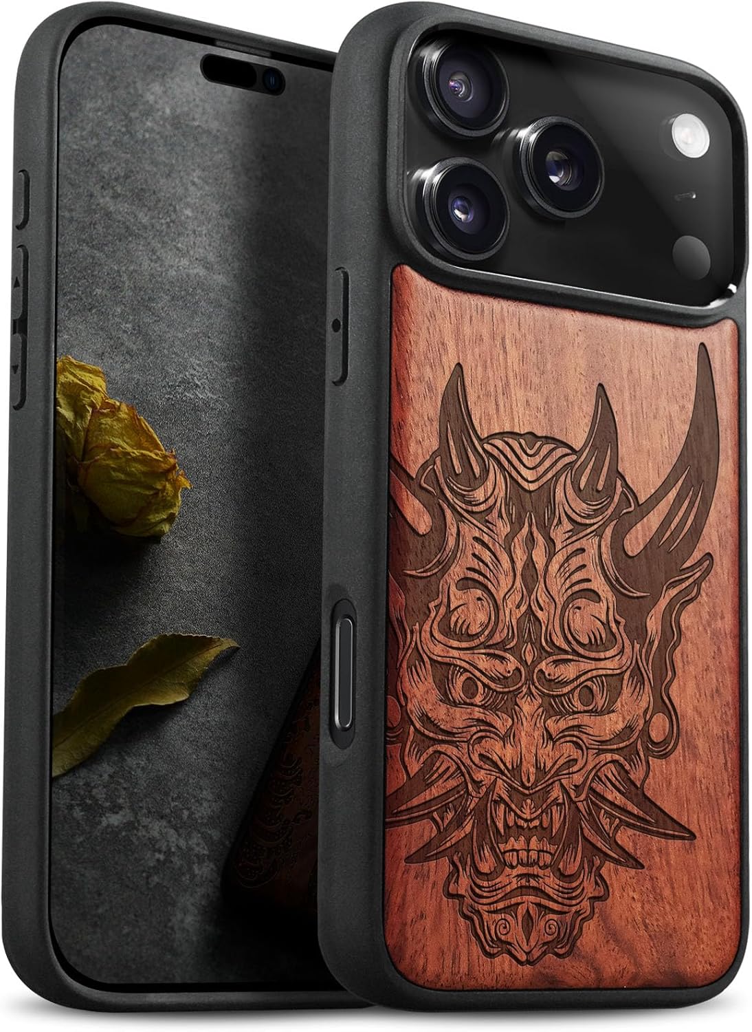 Carveit Magnetic Wooden Case for iPhone 17 Pro Case, Wood Artisan Engraved & Black Soft TPU Shockproof Cover, Compatible with MagSafe Wireless Chargers (Japanese Oni Mask) Rosy