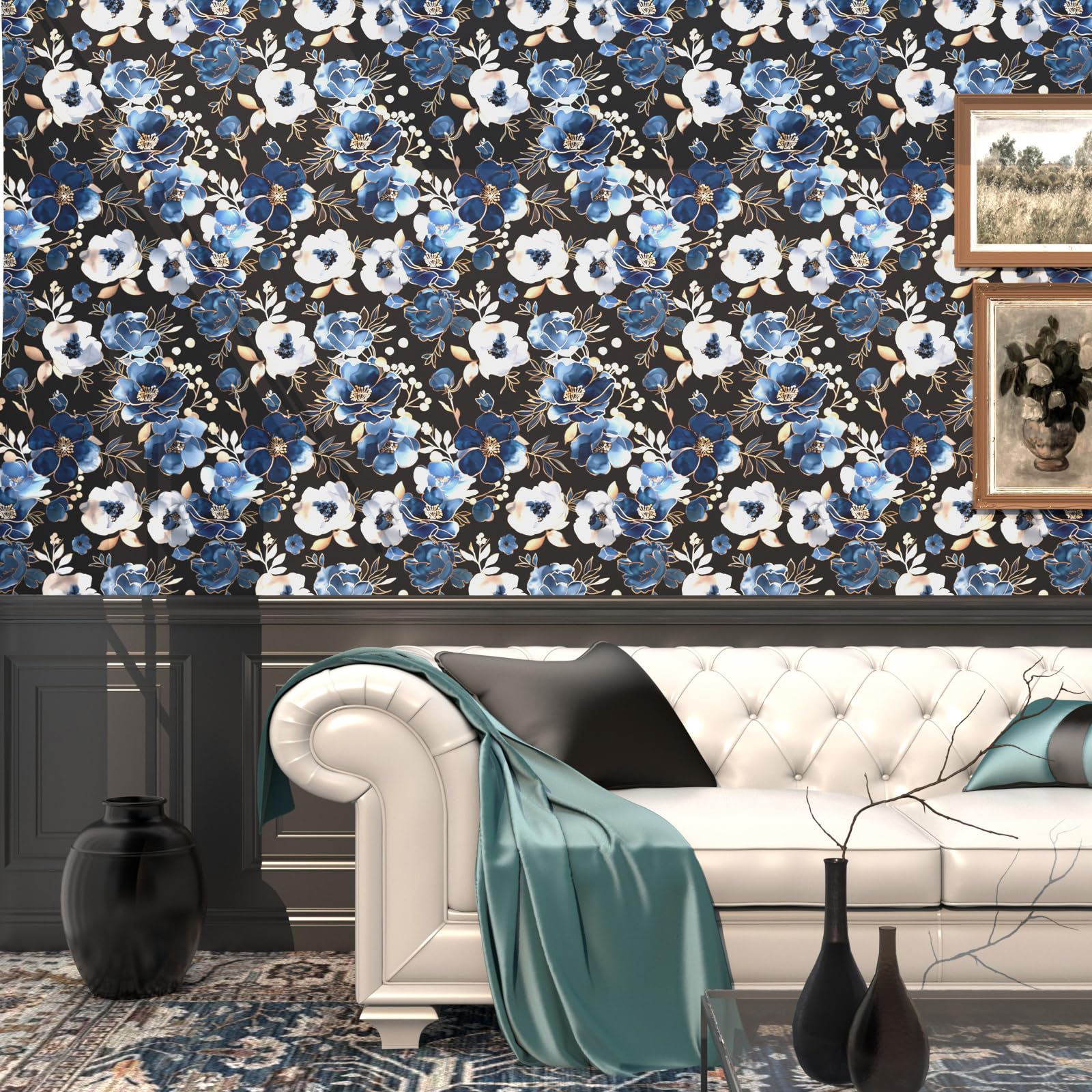 Fvlow Black Navy Botanical Floral Peel and Stick Wallpaper 17.4