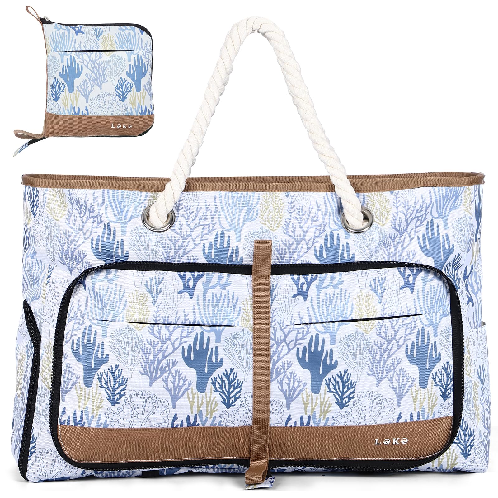 Lekespring Borsa Spiaggia Donna Pieghevole, Borsa Mare Grande XXL Famiglia con Scomparto Scarpe Separato, Impermeabile Shopping Borse Tote Bag con Cerniera per Viaggio Sportiva, Corallo Fiorito