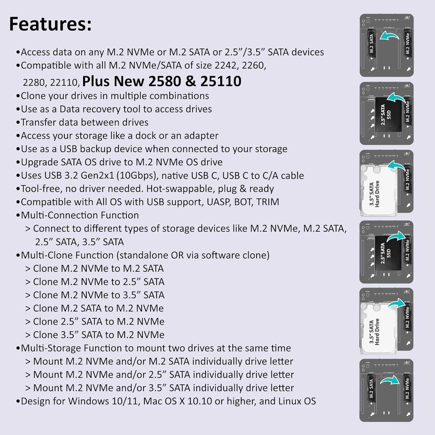 Vantec Multi-Function Storage Adapter with Clone, for M.2 NVMe, SATA, SSD, HDD, 2.5", 3.5" SATA (CB-M2SAT-U3)