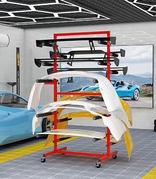 Adjustable Floor Bumper Stand Double Sided Storage Hanger Rack Brackets Car Automobile Parts Auto Body Bodyshop for Hold 6 Large Bumpers with Wheels