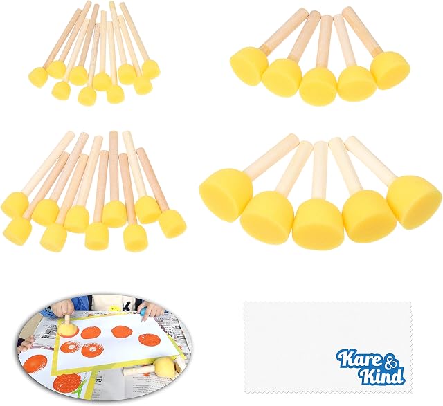 Kare & Kind 30 pcs Round Sponges Brush Set - Painting Tools - For DIY Arts, Crafts, Stencils, Graffiti - Assorted Sizes - Foam Brush and Wooden Handle - for Kids, Artists Set