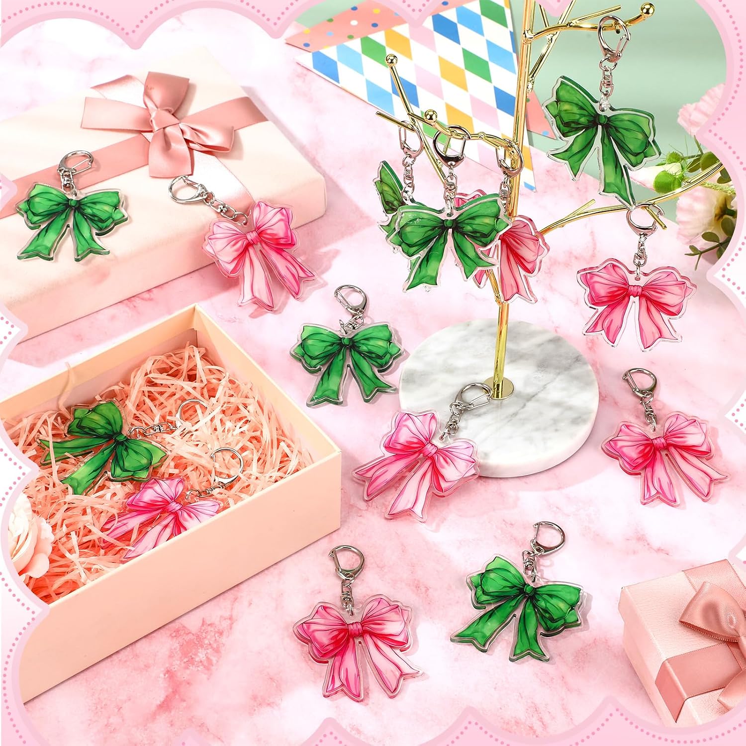 Nosiny 24 Pcs Pink Green Party Favors Witch Keychains Green and Pink Coquette Bow Keychains Bulk for Enchanted Birthday Party Decoration Supplies Witch Magic Theme Princess Gifts