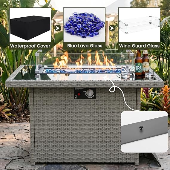 Propane Fire Pit Table, 44 Outdoor Gas Fire Pit with Glass Wind Guard & Waterproof Cover