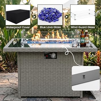 Propane Fire Pit Table, 44 Outdoor Gas Fire Pit with Glass Wind Guard & Waterproof Cover