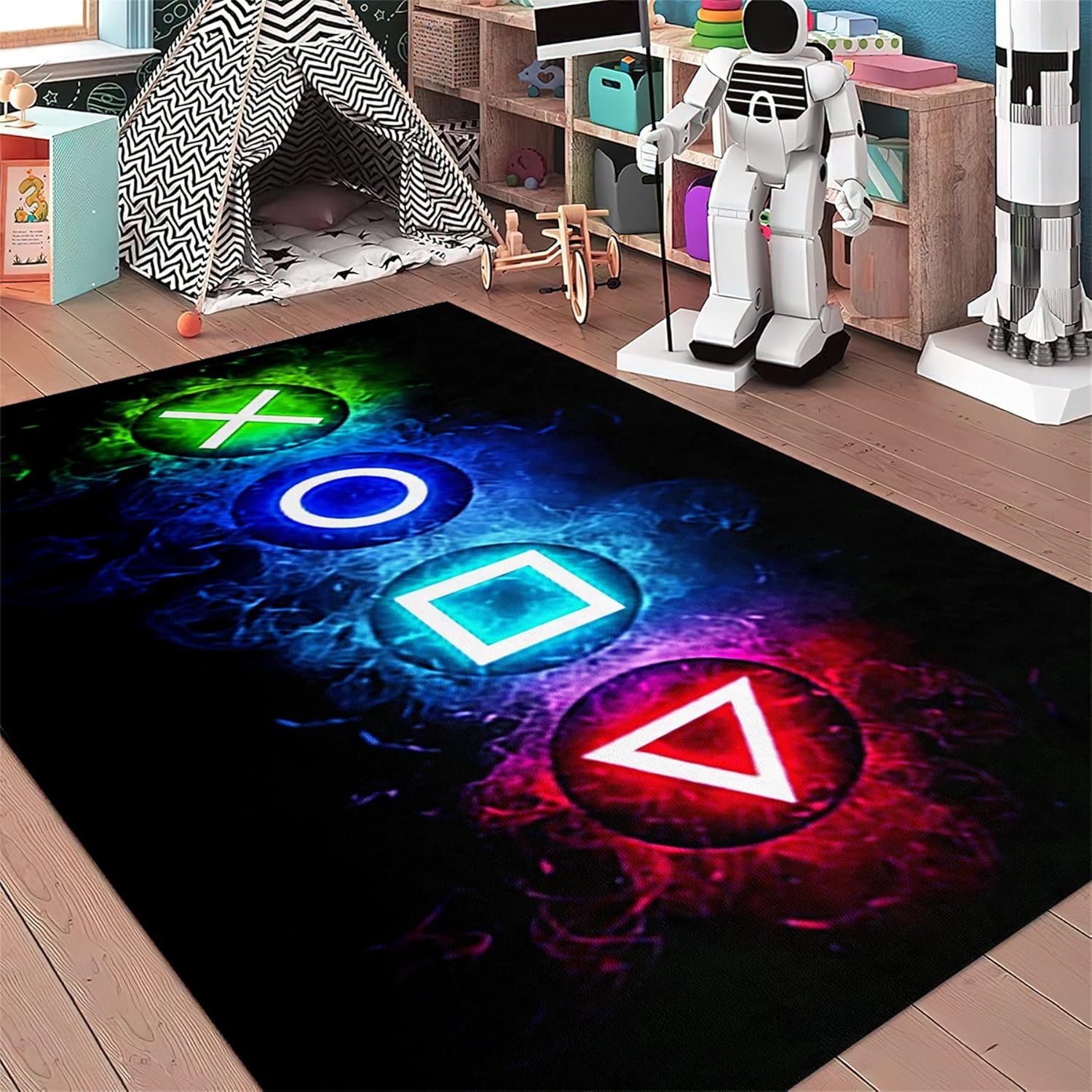 Video Game Controller Gamepad Home Decor Printed Large Area Rugs for Teen Boys Kids Play Bedroom, Black Polyester Fiber Floor Carpet Yoga Mat for Living Room