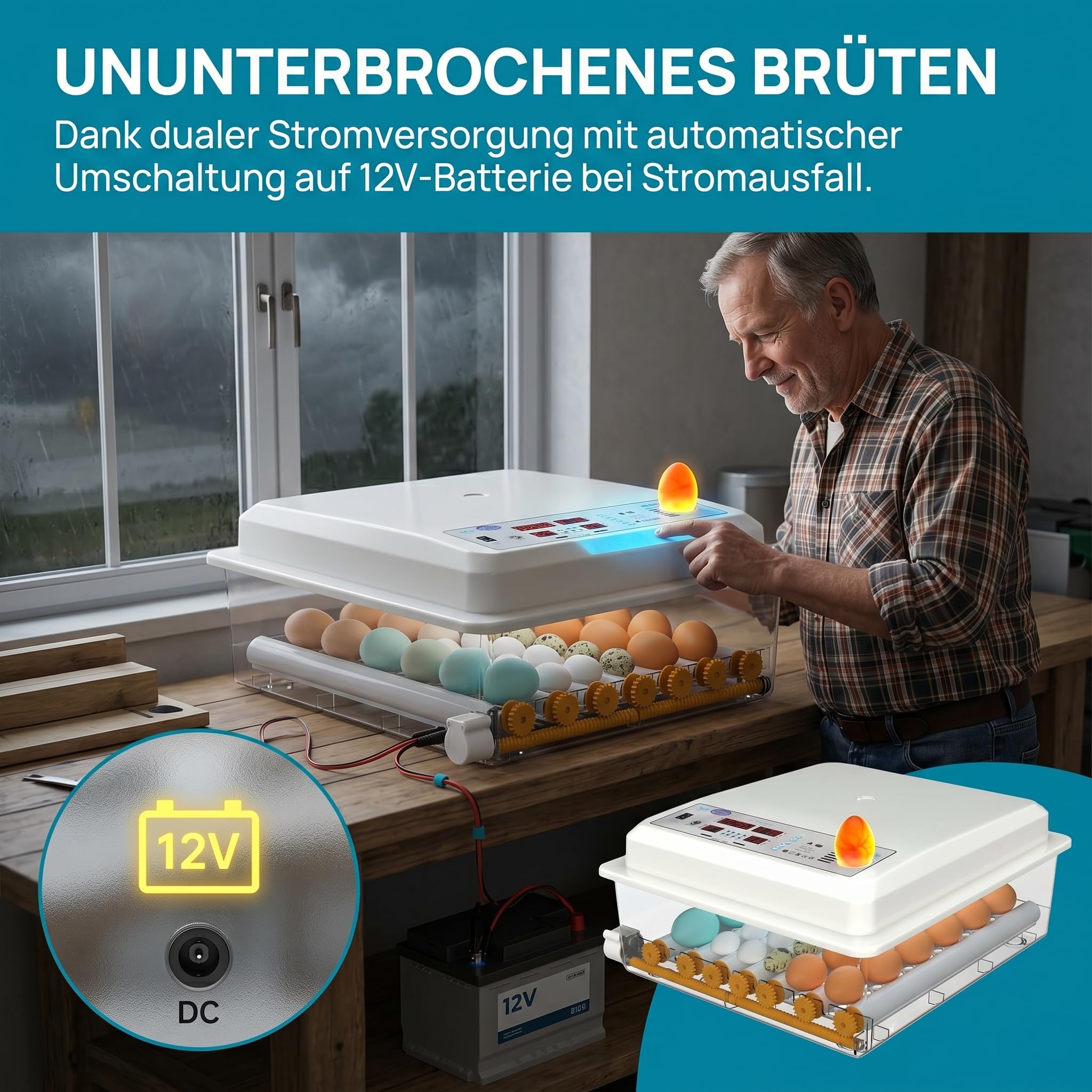 Brutautomat Vollautomatisch,Inkubator Hühner 16-120 Eier mit Automatischem Eierwenden und Automatischer Wasserzugabe,Brutkasten Hühner mit Vier Automatischen Inkubationsmodi für Huhn,Ente,Gans (36)