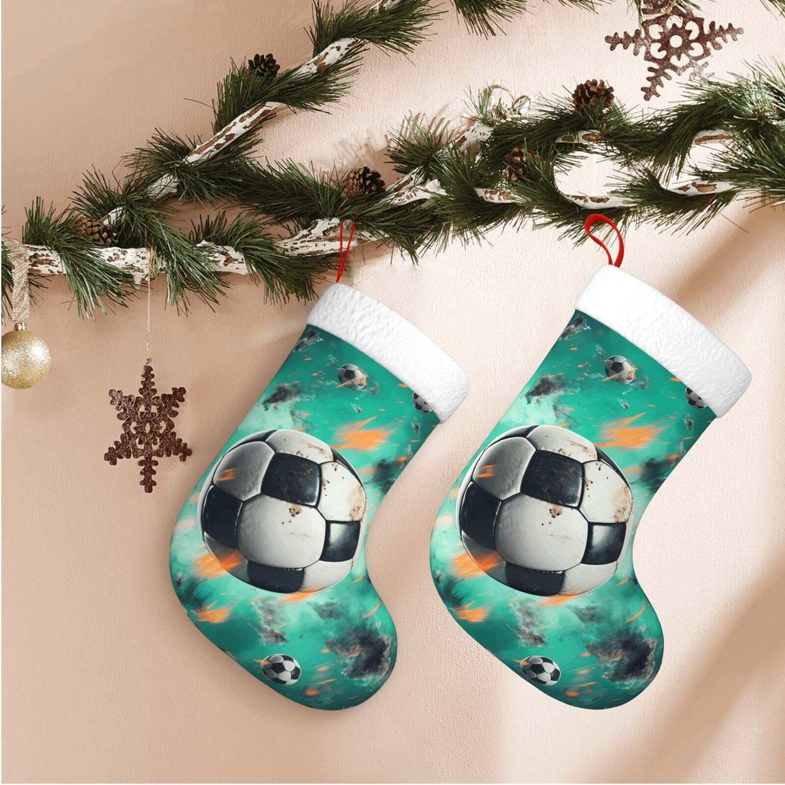 17.7" Christmas Stocking 1 Piece, Soccer Xmas Stockings with White Plush Cuff Fireplace Hanging Stocking for Christmas Holiday Party Decoration