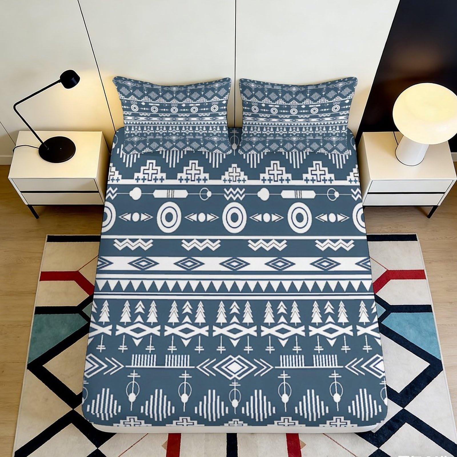 3D Printed Geometric Pattern Fitted Sheet Microfiber Soft Durable Ethnic Style Bed Cover for Bedroom Dormitory Guest Room Mattress Protection 140x200x25cm