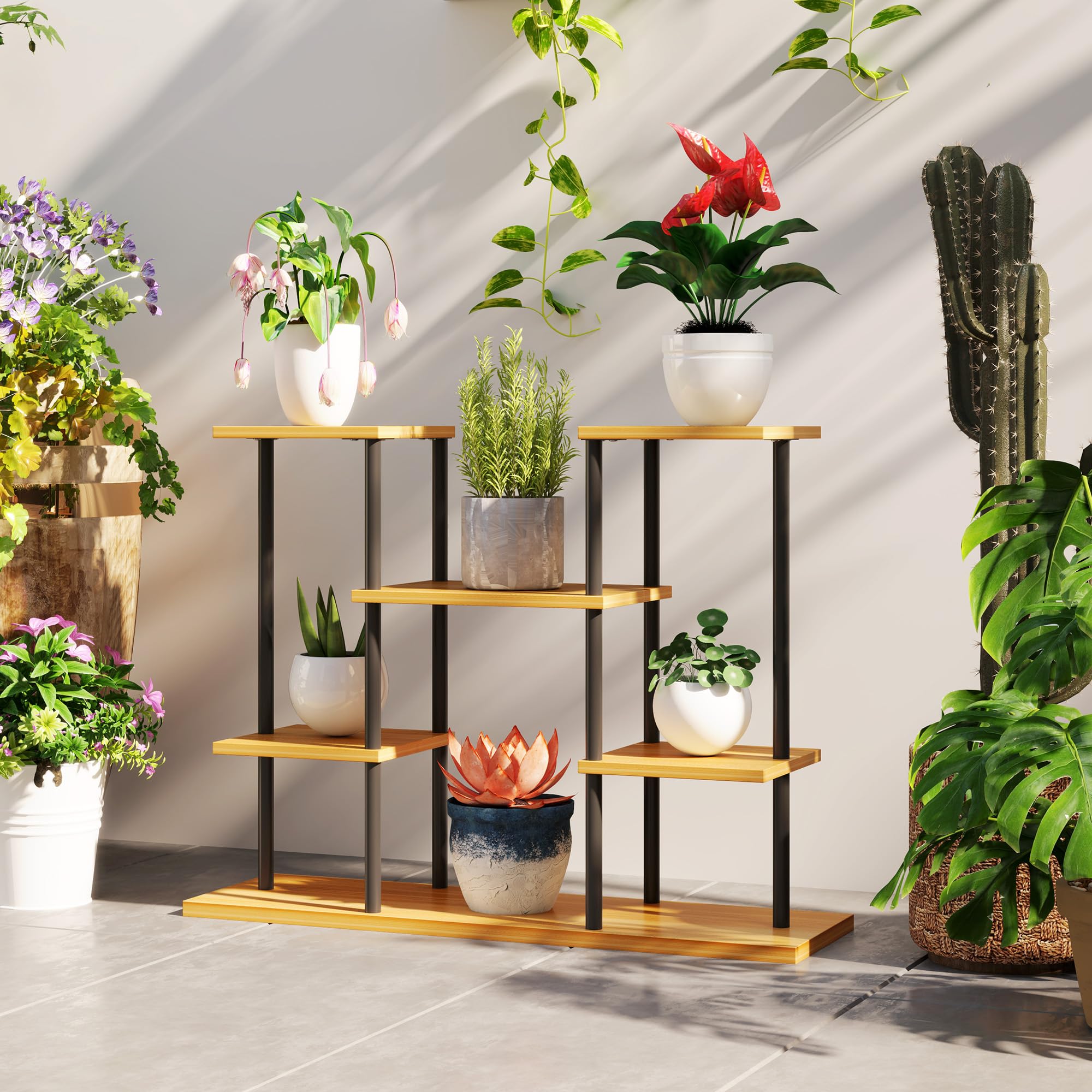 Outsunny Support plantes intérieur, étagère plante à 6 niveaux, cadre en acier base en bois massif, porte plante pour salon, balcon, jardin, bois naturel