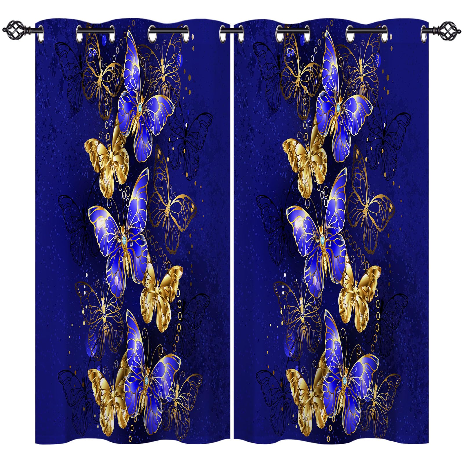 ANHOPE Butterfly Curtains Eyelet Thermal Insulated Blackout Curtains Sapphire Gold Texture Print Pattern Ring Top Drapes for Kids Girls Bedroom Living Room 46 x 54 Inch Drop 2 Panels