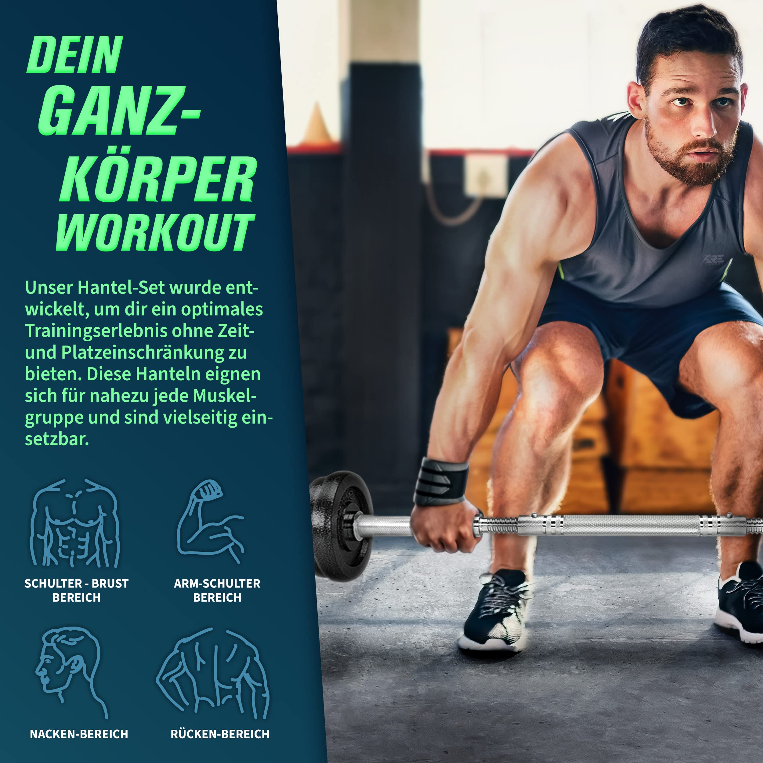 RE:SPORT 2 in 1 Hanteln Set 15-60kg | Hantelset Gusseisen verstellbar | Kurzhantel & Langhantel | Sternverschlüsse & Verbindungsrohr