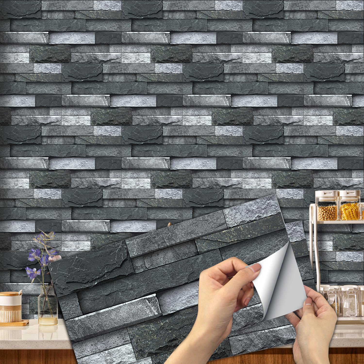 12pcs Kitchen and Bathroom Tile Stickers, Stick on Tiles Waterproof Vinyl Self Adhesive Wall Tile Peel and Stick Tiles Decals for Living Room - 30x15cm (Black) — image 1