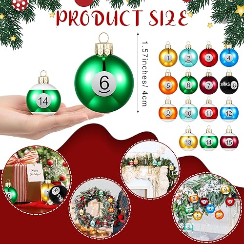 Miniatura 2 de Soulchen 15 Piezas Adornos de Bolas de Billar Navideñas 1.57" Bolas de Billar de Plástico Pequeñas Decoración de Árbol de Navidad a Granel Colección