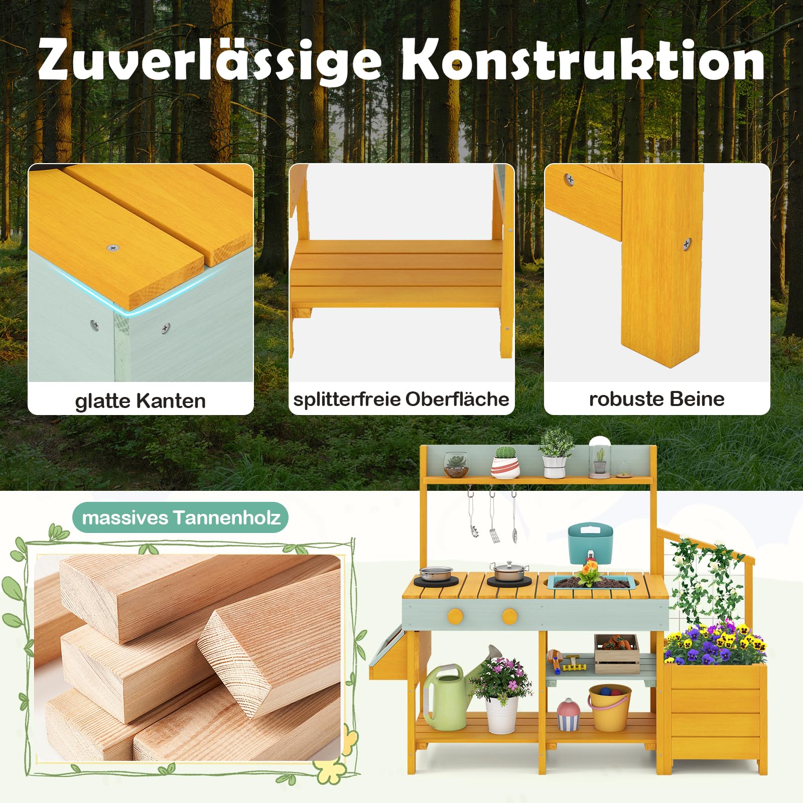 DREAMADE Matschküche Kinder Outdoor, Kinderküche Tannenholz mit Pflanzkasten & Rankgitter, Spielküche mit Wassertank, Herd, Spülbecken, Outdoor Küche mit Zubehör für Kinder ab 3 Jahren (Gelb)
