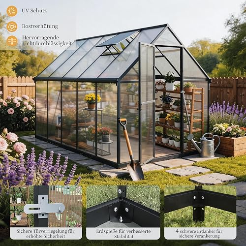 Serra in policarbonato nero, 281 x 175 x 195 cm, telaio in alluminio, per giardino e terrazza, con finestra di ventilazione, grondaie, stabile per tutte le condizioni atmosferiche, resistente - 5