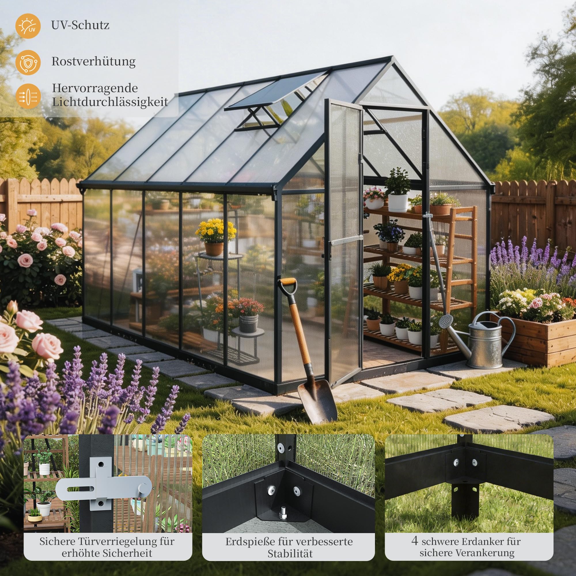 2026 Polycarbonat Gewächshaus Schwarz 281x175x195, Aluminiumrahmen Garten & Terrasse Pflanzenhaus mit Lüftungsfenster, Regenrinnen, Stabil Alle Wetter, Winterfest Außengewächshaus, Tomatengewächshaus