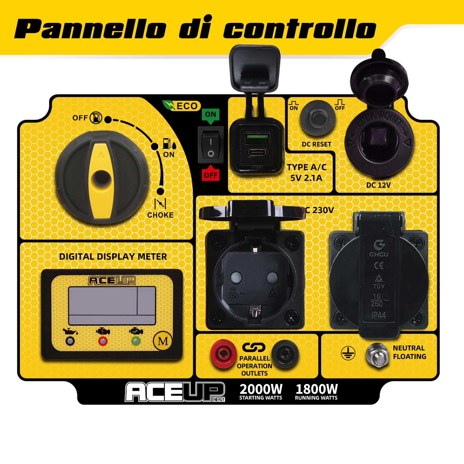 Aceup Energy Generatore di Corrente Inverter 2000W Benzina, Display Digitale, Modalità Eco, 2 Prese 230V USB 5V 12V, Silenzioso e Portatile per Campeggio e Uso Domestico