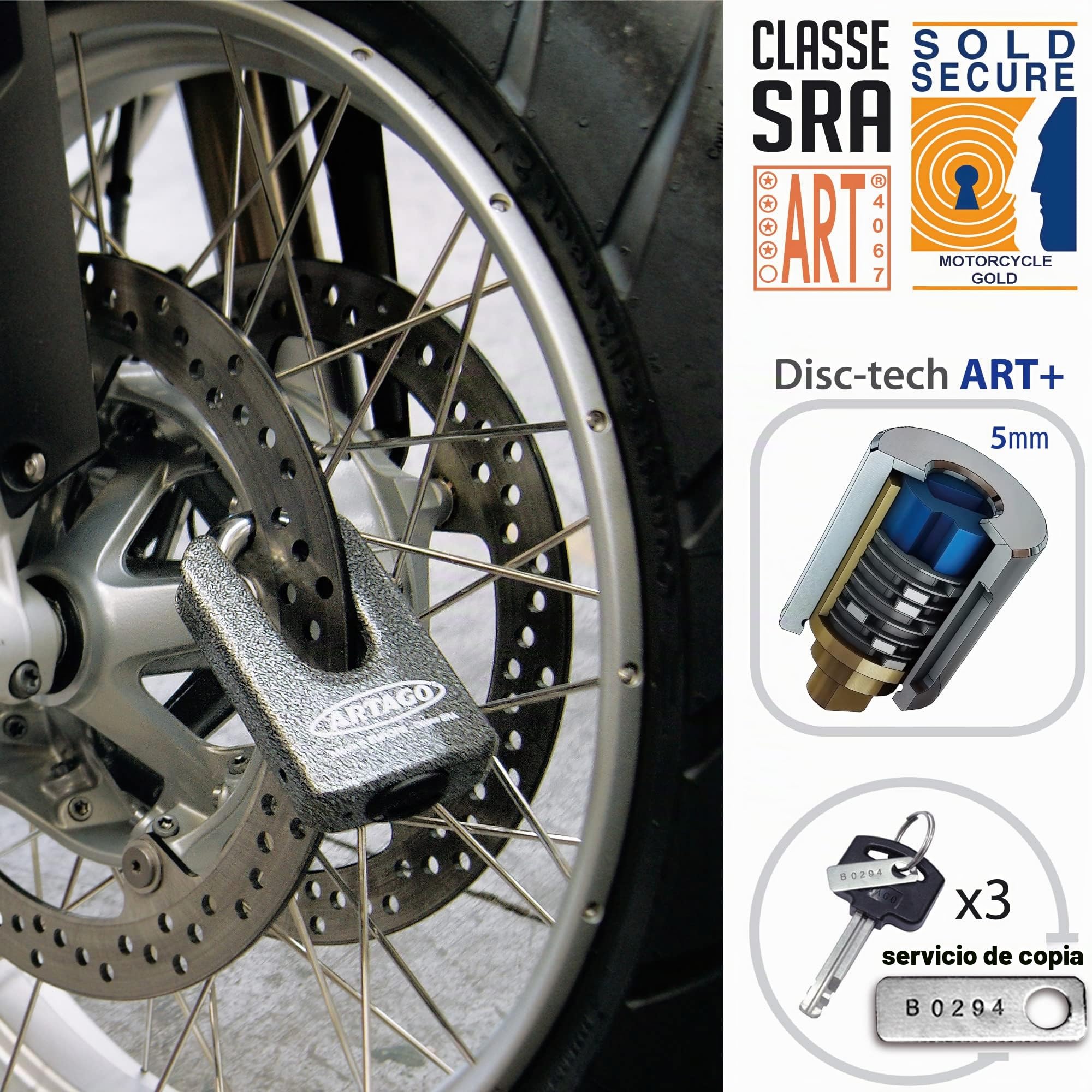 Artago 69T4 Pack Candado Antirrobo Disco Alta Seguridad + Soporte para Honda CRF 1000L Africa Twin, Homologado SRA, Sold Secure Gold, ART4