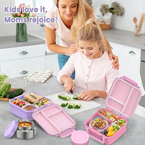 Miniatura 6 de Lonchera Bento para niños con termo de 9 onzas, recipientes de almuerzo a prueba de fugas con 3 compartimentos, tamaño apto para niños, lonchera