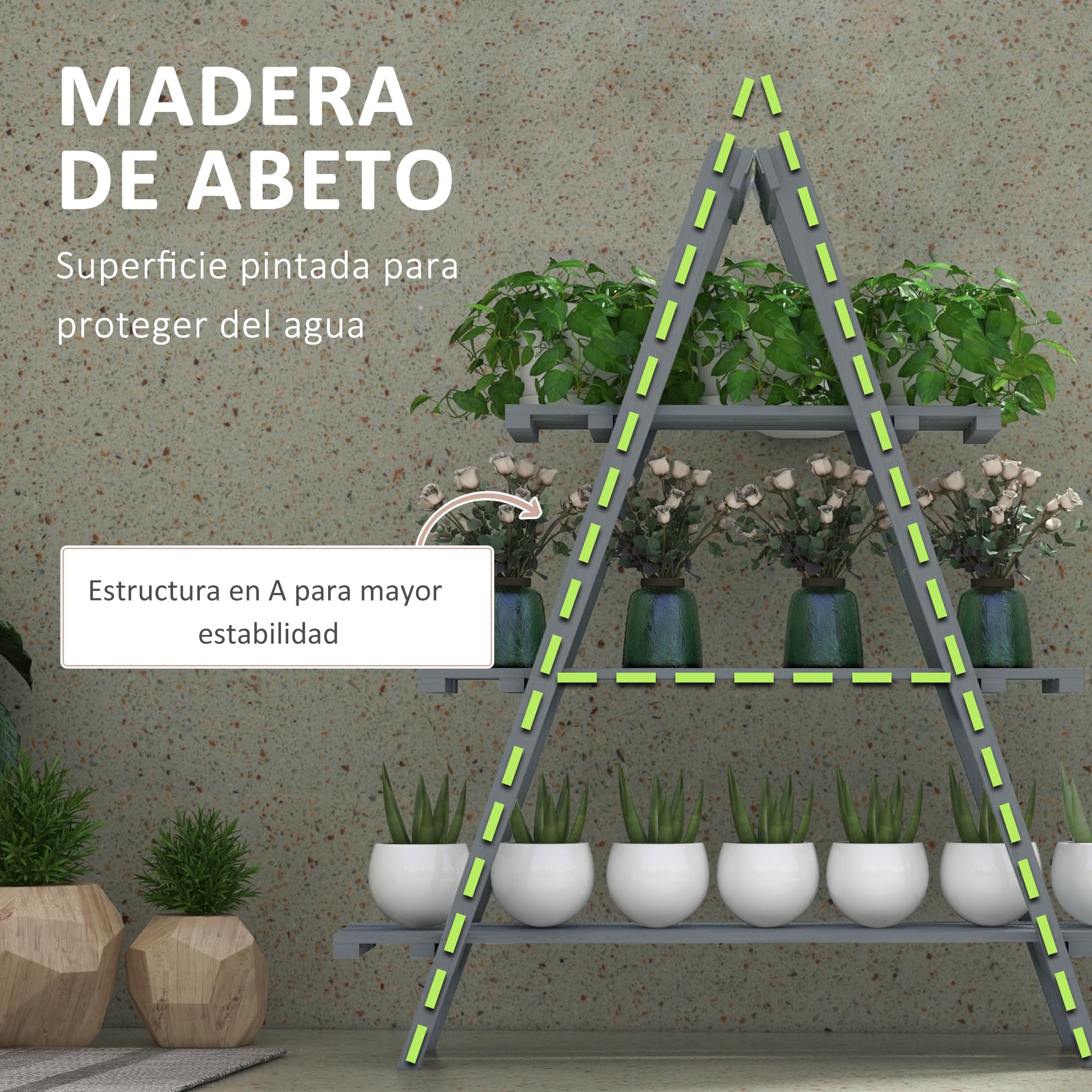 Outsunny Estantería para Plantas Plegable de Madera Soporte para Macetas de 3 Niveles con Marco en A para Exteriores Interiores Salón Jardín Balcón 100x36x112 cm Gris