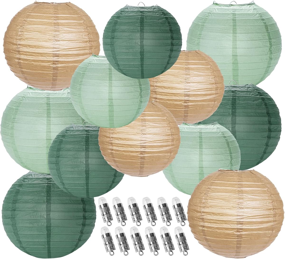 Linternas de Papel Decorativas, Linternas Chinas Redondas Colgantes de Bosque Verde Salvia con Luces para Fiesta Rústica Fiesta de Cumpleaños Verde Salvia 12 Luces LED Paquete de 12
