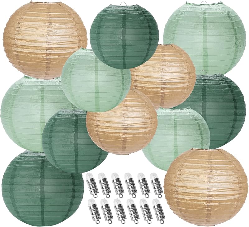 Linternas de Papel Decorativas, Linternas Chinas Redondas Colgantes de Bosque Verde Salvia con Luces para Fiesta Rústica Fiesta de Cumpleaños Verde Salvia 12 Luces LED Paquete de 12