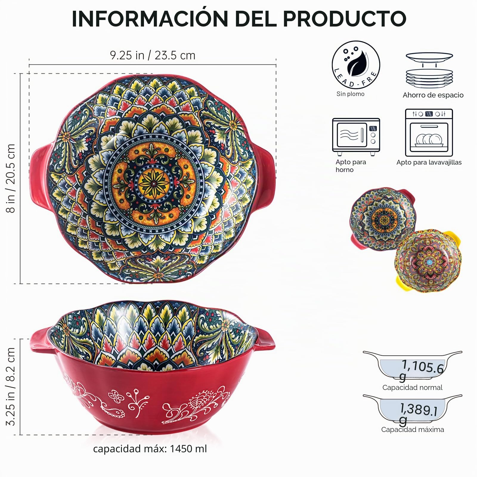 Henten Home Cuencos de Porcelana para Cereales 1450ml, Cuencos de Sopa de Colores Vibrantes,Ensalada Pequeña, Guisos, Arroz, Microondas y Lavavajillas, Juego de 2
