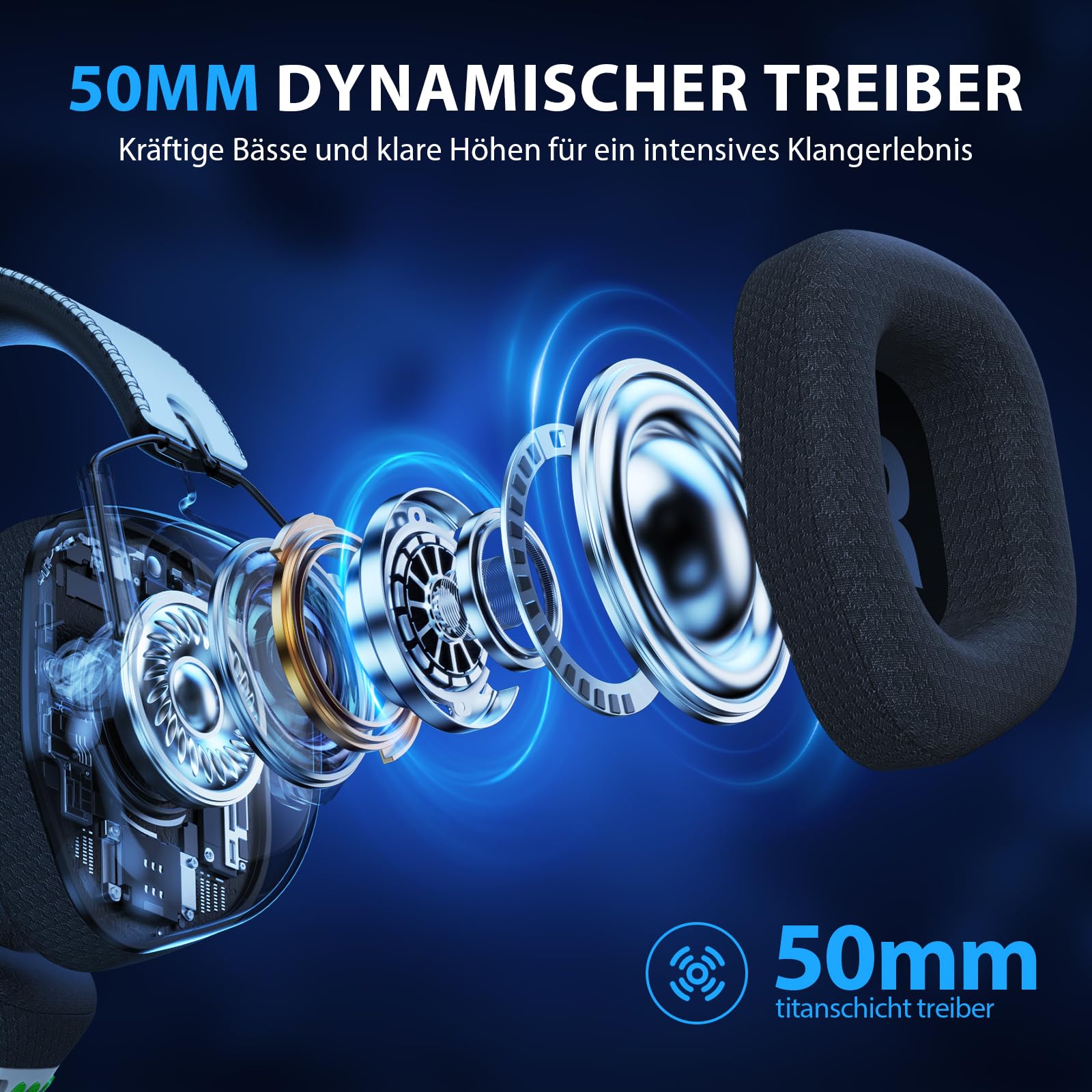 Vakedy Gaming Headset Wireless, 2,4 GHz USB & Bluetooth Gaming Kopfhörer mit Mikrofon, 50 mm Treiber, geringe Latenz, 50 Std Akku, Kopfhörer Kabellos für PS5, PS4, PC, Mac, Switch (Weiß/Schwarz)