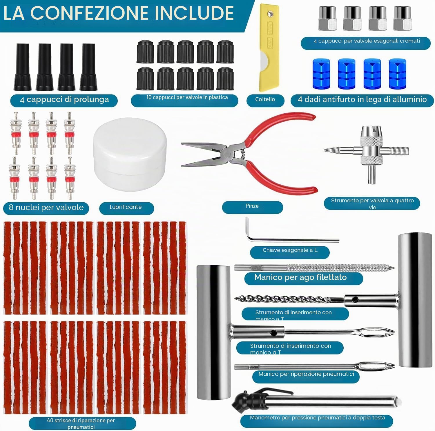 Kit Riparazione Pneumatici 82pcs Professionale Tubeless Auto Moto Jeep ATV Trattore