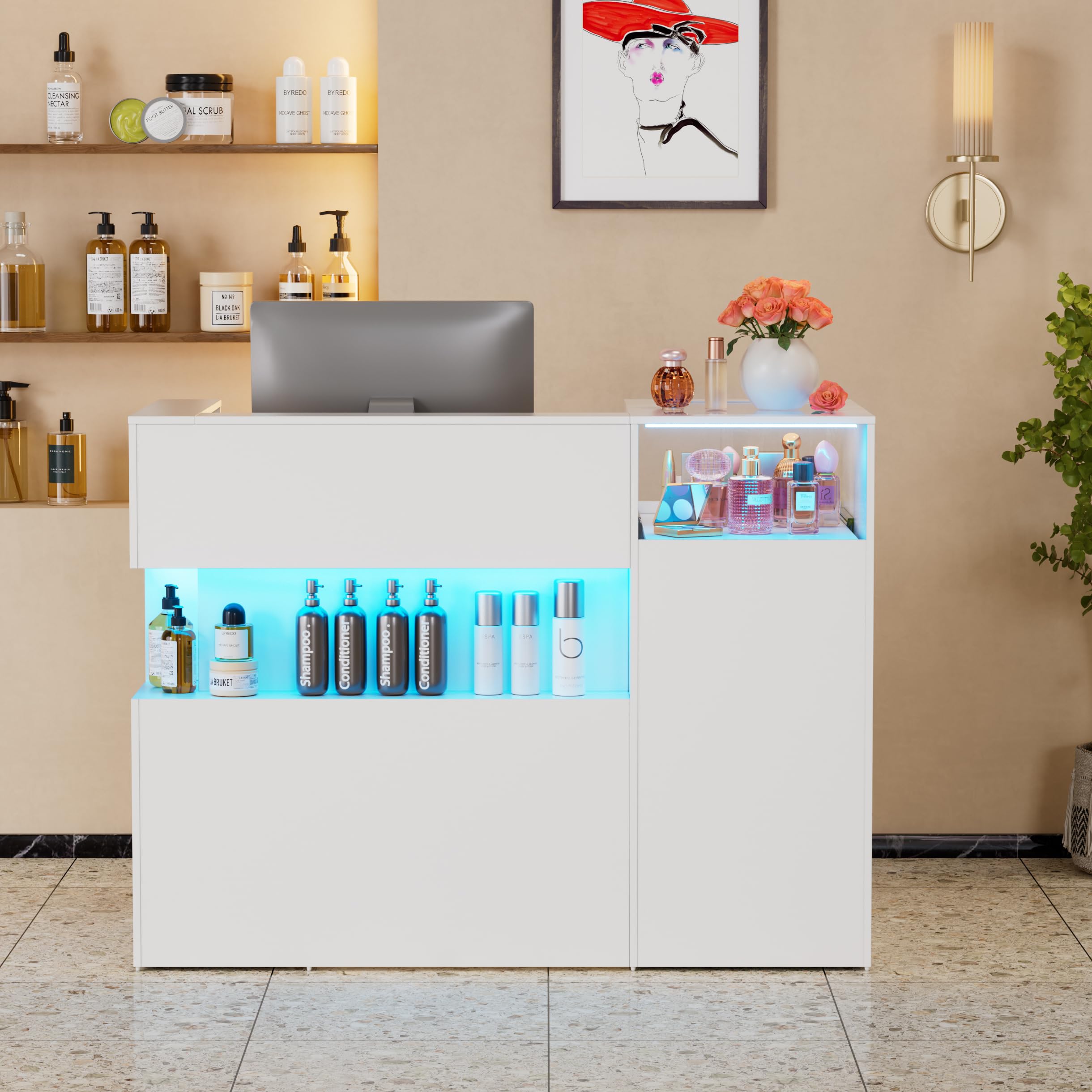 Barra de recepción con LED y estante de cristal, mostrador de venta con cajones con cerradura, mostrador de recepción con bandeja para teclado, mostrador de recepción para oficina, salón, tienda o