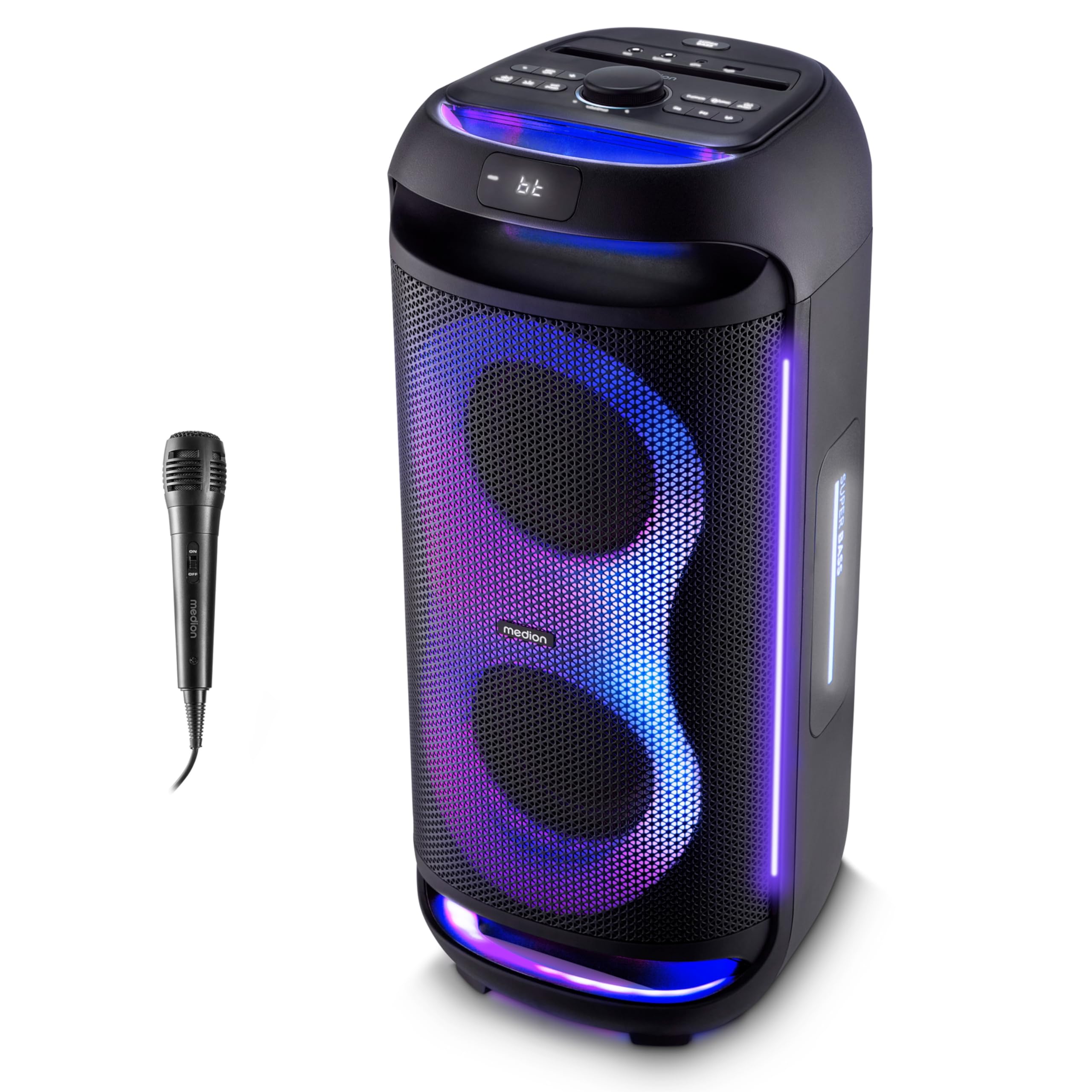 MEDION PE-2 Plus Partybox a batteria con microfono - cassa grande | Altoparlante party karaoke, effetti luce, ingressi microfono e chitarra, Bluetooth portatile, AUX, USB
