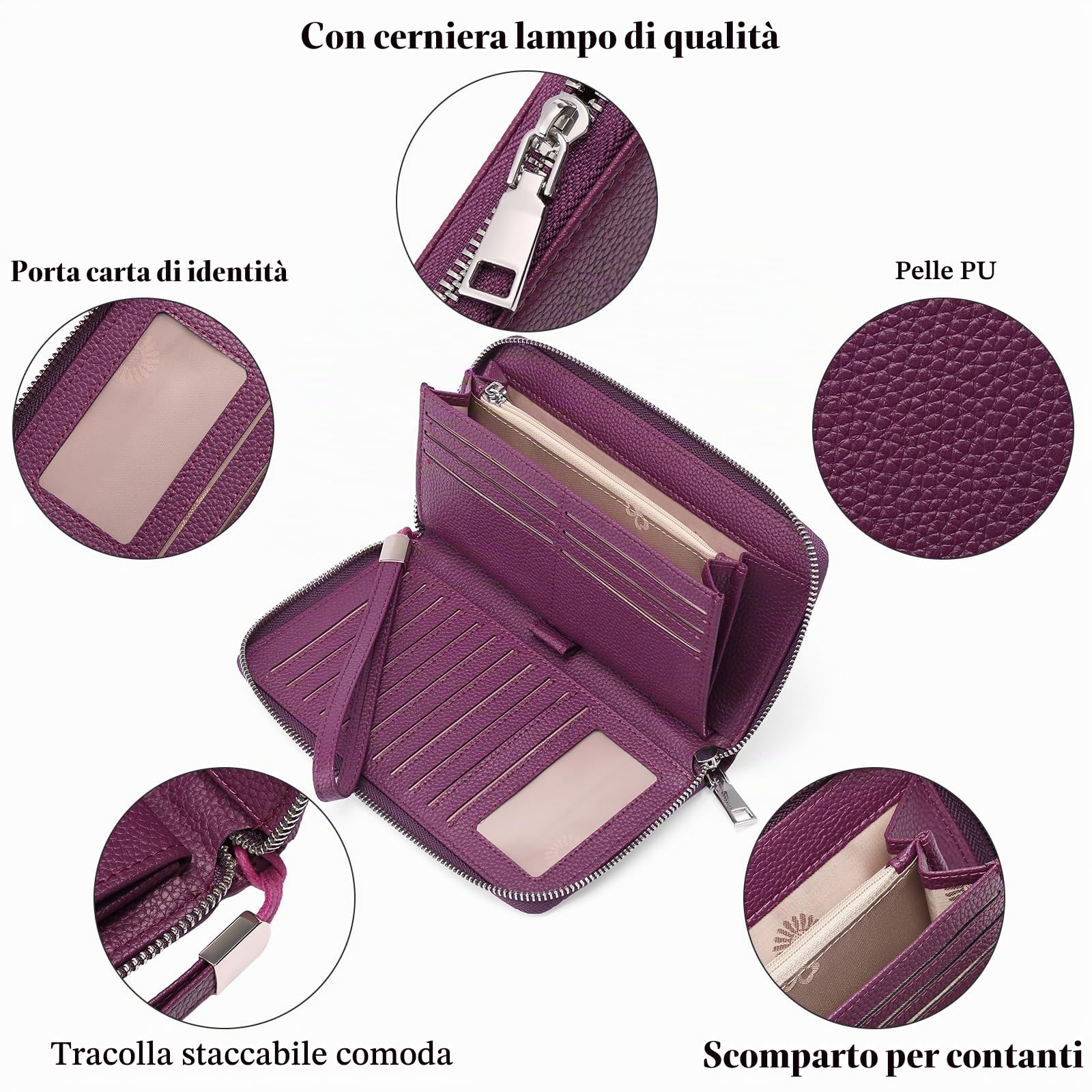 GAEKEAO Portafoglio Donna Grande in Pelle con Blocco RFID, Portamonete con Chiusura a Cerniera, Borsellino Idee Regalo